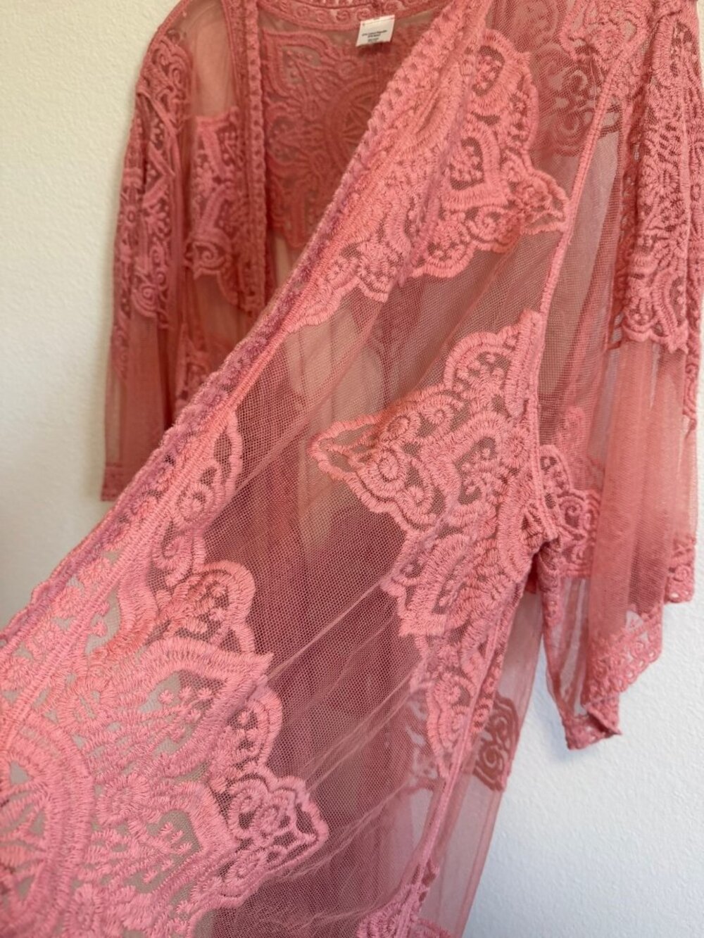 Peach Pink Cotton Blend 3/4 Sleeve Sheer Lace Open Front Duster Cover Up Size L? - Picture 6 of 7